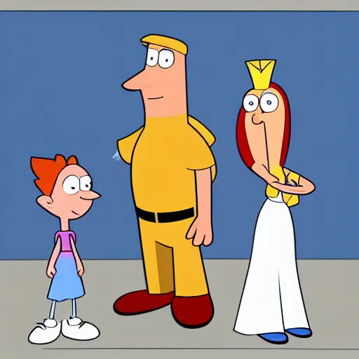 Prompt: phineas and ferb with a round head in cartoon style