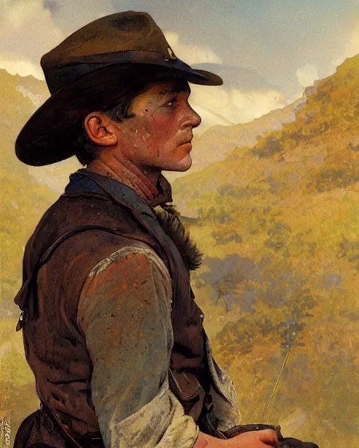 Image similar to side portrait Appalachian bootlegger boy with detailed features, moonshining still in the backdrop, dirt, Appalachian mountains, sharp focus, illustration, highly detailed, oil painting, matte, art by Greg Rutkowski and Alphonse Mucha, masterpiece