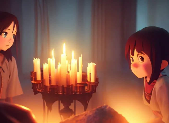 Prompt: a night ritual, being lit by candles, medium shot, studio ghibli, pixar and disney animation, sharp, rendered in unreal engine 5, anime key art by greg rutkowski, bloom, dramatic lighting