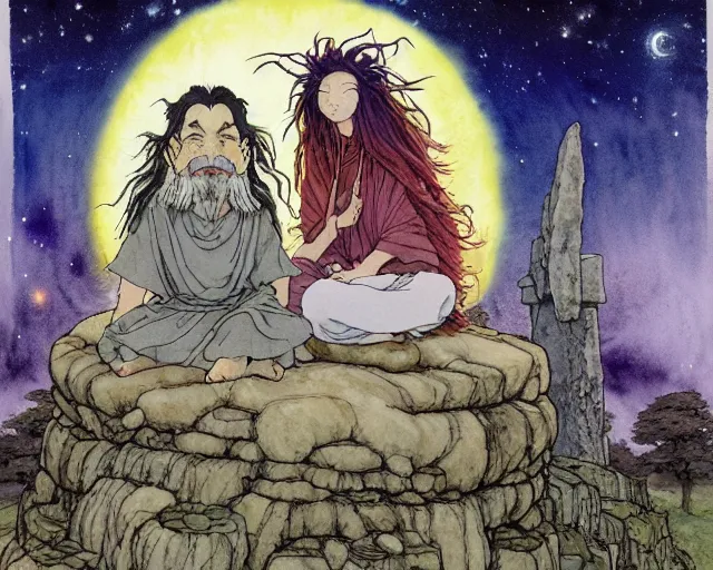 Prompt: a hyperrealist studio ghibli watercolor fantasy concept art of a giant long haired grey witch in lotus position sitting on top of stonehenge with a starry sky in the background. a group of tiny monks are prostrating them themselves. by rebecca guay, michael kaluta, charles vess