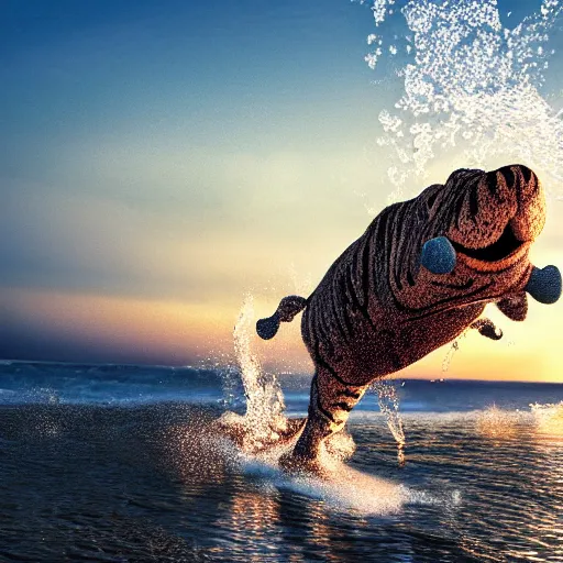 Image similar to a closeup photorealistic photograph of a cute smiling knitted tiger hippopotamus splashing after beachballs during sunset. surf in background. professional capture. this 4 k hd image is trending on artstation, featured on behance, well - rendered, extra crisp, features intricate detail, epic composition and the style of unreal engine.