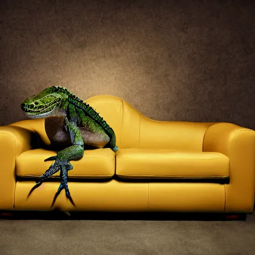 Image similar to humanoid reptile sitting on a couch, National Geographic photo, coherent like Dall-E 2