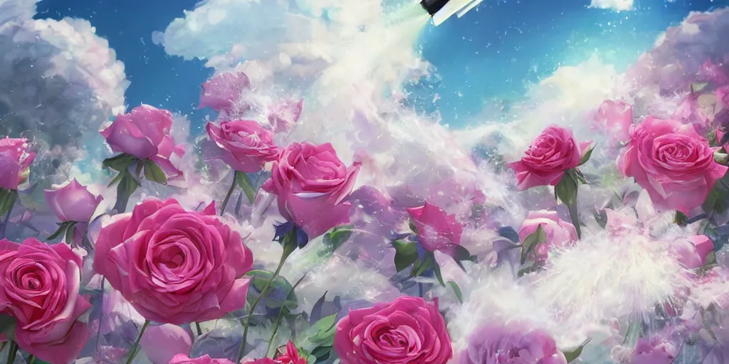 Image similar to background art of magic invisible blade slicing through a bouquet of white and pink roses, flowers exploding and spraying and splattering, big puffy clouds, exploding roses, large rose petals, lotus petals, large polygonal background elements, large polygons, studio ghibli anime, radiant lighting, artgerm, manga, trending on artstation, art nouveau, mature colors