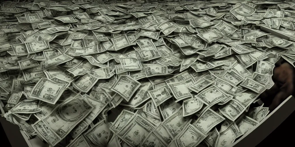 Image similar to a film still of cash money piling up in a vault, shallow depth of field, cinematic, award winning cgi, vfx, film still cfg _ scale : 1 1. 0