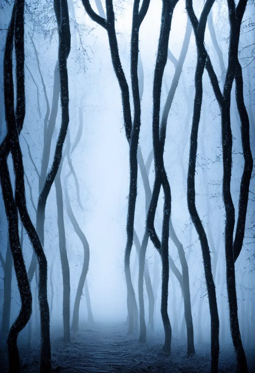 Image similar to eerie photo of a backlit path in the middle of a frozen winter morning spooky forest, treelined, fog, award winning photography, mystical, ultra high definition, ultra detailed,