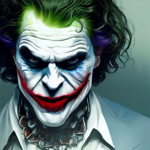 Image similar to [Rossi de Palma as the Joker, closeup, D&D, intricate, elegant, highly detailed, digital painting, artstation, concept art, matte, sharp focus, illustration, art by Artgerm and Greg Rutkowski and Alphonse Mucha]