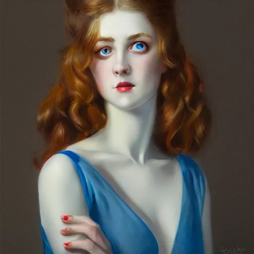 Prompt: a portrait in the style of charles dana gibson and in the style of peter mohrbacher. porcelain skin, big blue eyes.