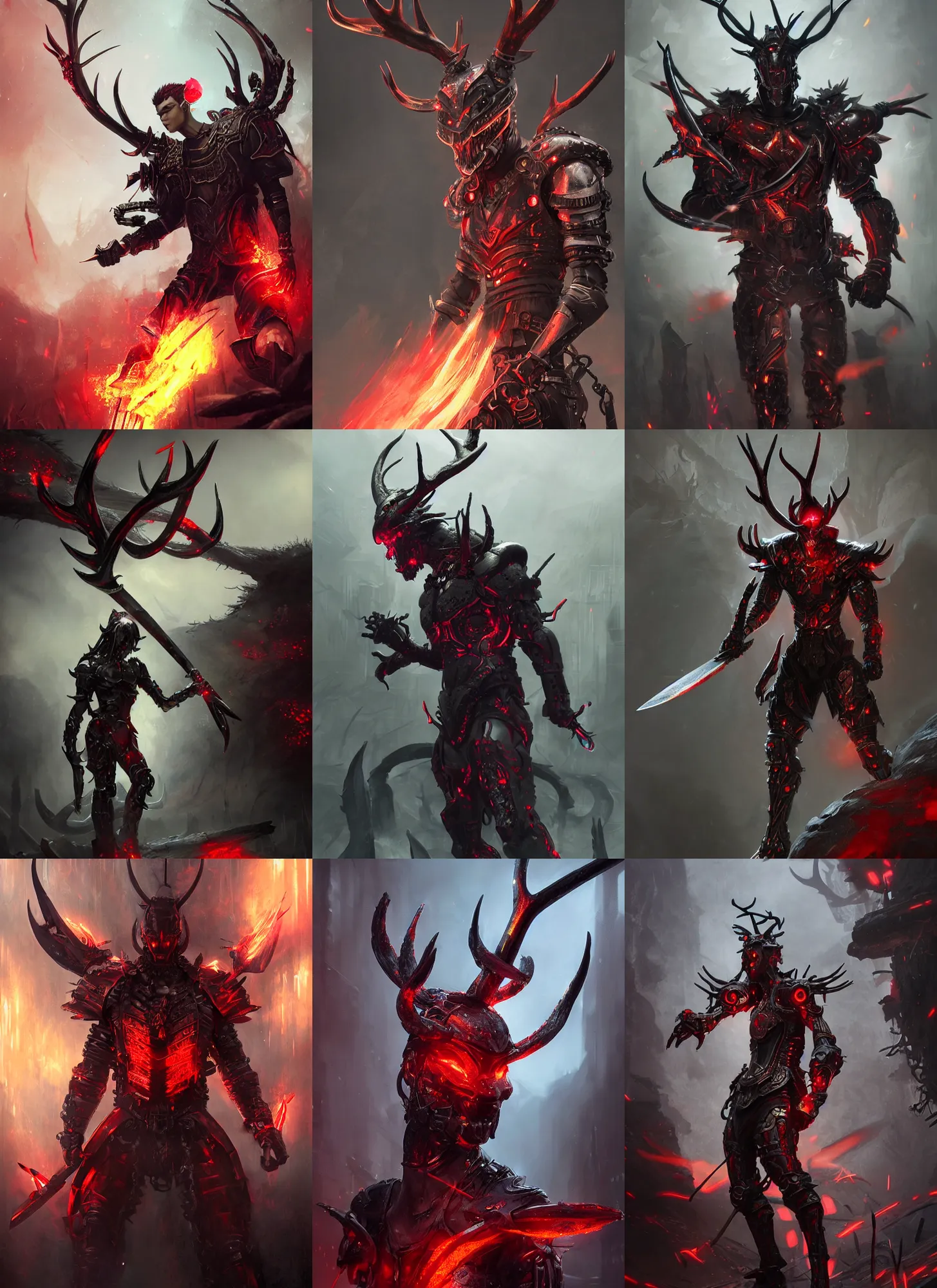 Prompt: legendary warrior with a body of red thick iridescent metal scales, dark and ominous, cybernetic, powerful, 3 d character concept artwork, sword antlers, realistic, gothic, evil, gritty, matte, fire, detailed, rich iridescent specular colors, makoto shinkai, greg rutkowski, colorful, cgi, hd