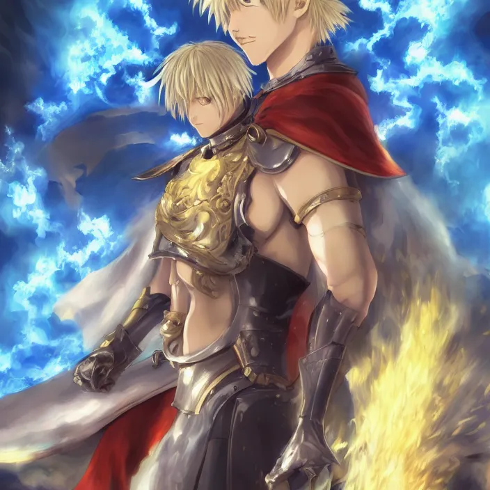 Prompt: portrait of the blond knight of flames, anime fantasy illustration by tomoyuki yamasaki, kyoto studio, madhouse, ufotable, trending on artstation