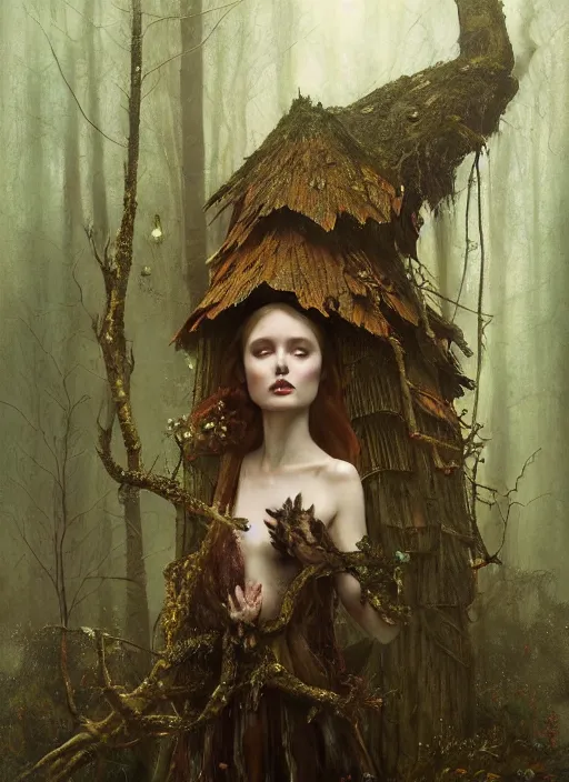 Image similar to highly detailed oil painting | very intricate | cinematic lighting | award - winning | the lonely witch hut in the forest fashion by alexander mcqueen | by roberto ferri, by tom bagshaw, by j. c. leyendecker and klimt, american romanticism, by austin osman spare, artstation, cgsociety, official art, octane