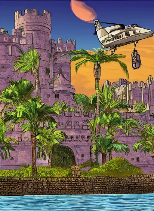 Image similar to highly detailed old castle gta vice city art,, fantasy art by stephen bliss