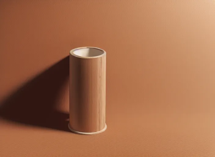 Image similar to realistic catalogue store photo of a a wooden cylinder on a neutral brown background, neutral colors, neutral lighting, octane render, 4 k