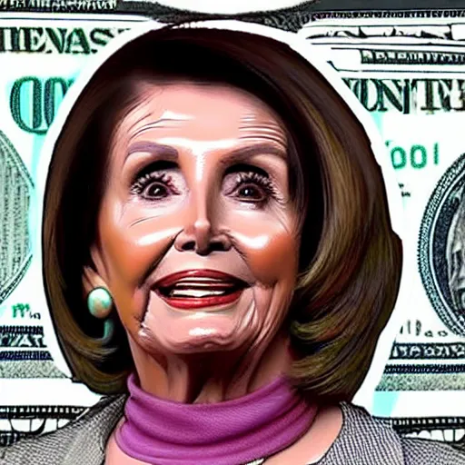 Image similar to nancy pelosi collecting stacks of 1 0 0 dollar bills wlop