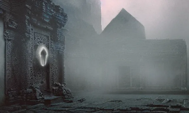 Image similar to a outside temple full of dark evil idol, landscape photograph taken by giger and beksinski and chaos and midnight sun and death fog