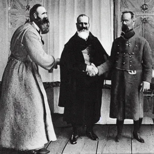 Prompt: theodor herzl shaking hands with franz joseph colorized