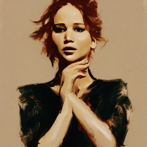 Image similar to jennifer lawrence, intricate, elegant, highly detailed, greg manchess, mucha, liepke, ruan jia, jeffrey catherine jones, ridley scott