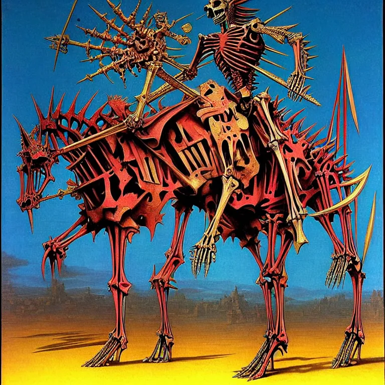Prompt: Colorful, vivid, lucid, vibrant. A spiked detailed horse skeleton with armored joints stands in a large cavernous throne room with halberd in hand. Massive shoulderplates. Extremely high details, realistic, fantasy art, solo, masterpiece, bones, ripped flesh, art by Zdzisław Beksiński, Arthur Rackham, Dariusz Zawadzki, Harry Clarke
