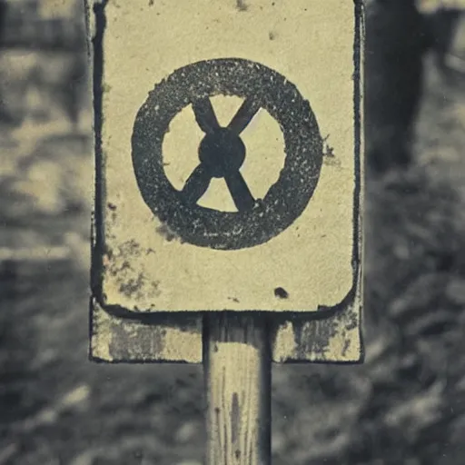 Image similar to photo of small sign showing a danger symbol, in the background there is a nuclear tower with lots of steam, pictorialism style