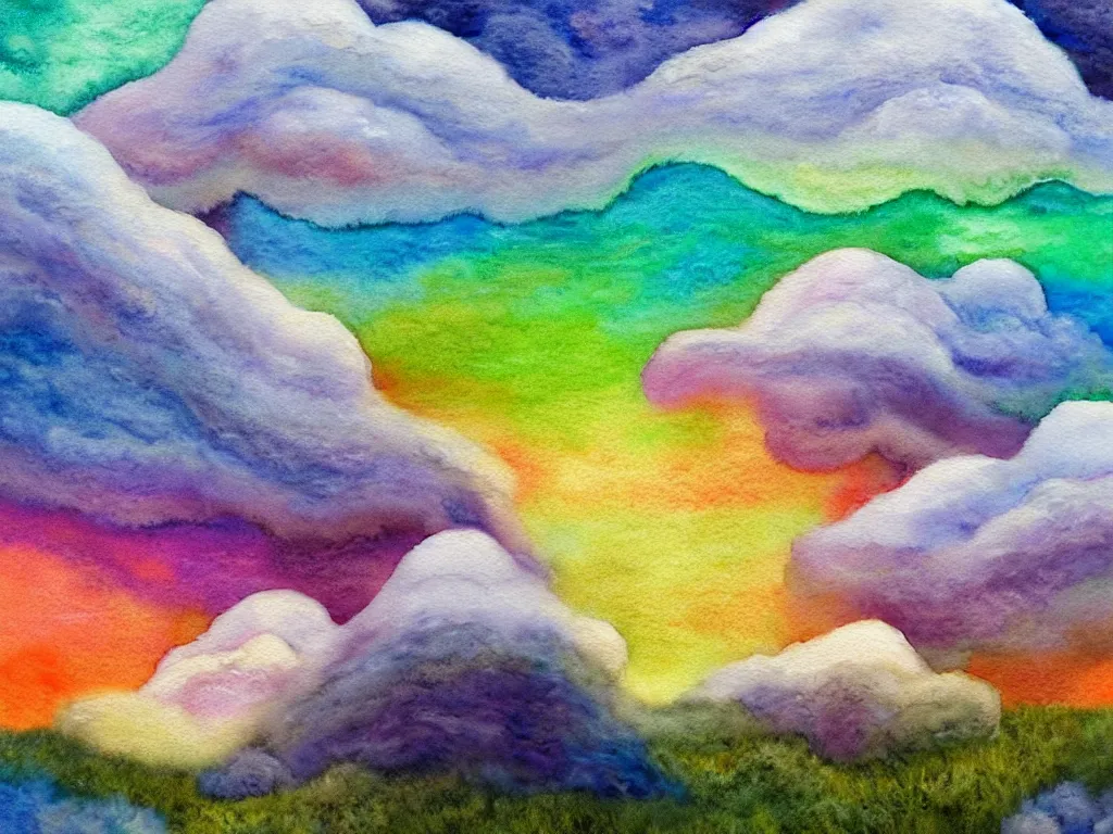 Prompt: A watercolor art of Mumintroll character in shape of wool felting amazing clouds, illustration by Irena Žviliuvienė, book cover, colorful background with mountains, 4k resolution, ultra detailed, matte painting, tarot card style, character design