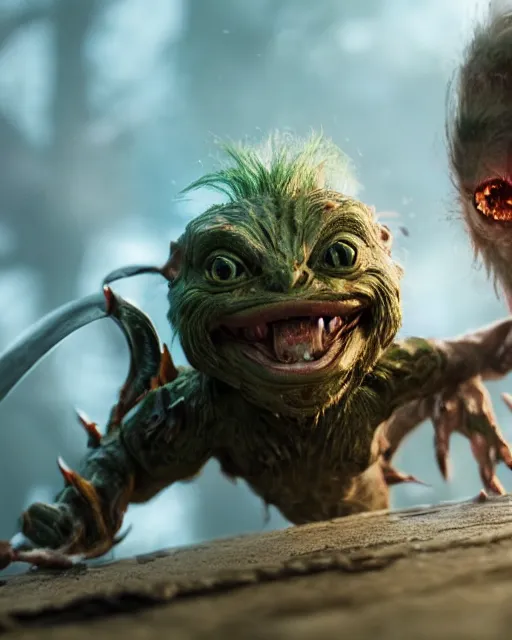 Image similar to highly detailed portrait of a movie gremlin, attacking a human warrior. depth of field, breathtaking, detailed and intricate environment, 8 k resolution, hyperrealistic, octane render