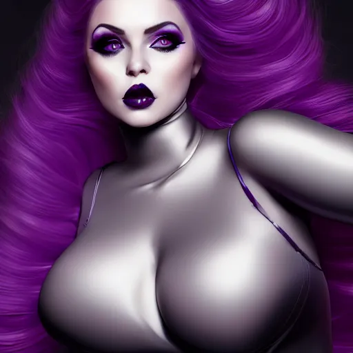 Image similar to portrait of a curvy feminine hot pale goth woman with elaborate elegant tight silver nylon latex and silk outfit black lipstick and purple makeup, cgsociety, realistic, highly detailed, sublime, 16k, smooth, sharp focus, ArtStation, hyperdetailed, volumetric lighting