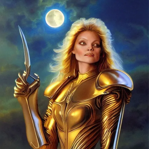 Image similar to portrait of a stunningly beautiful paladin in copper plate armor who looks like young michelle pfeiffer, moonlight in the background by boris vallejo and julie bell, soft details, soft lighting, HD, elegant, intricate, masterpiece