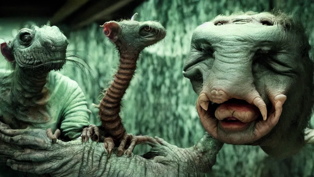 Image similar to a strange creature in a zoo, film still from the movie directed by denis villeneuve and david cronenberg with art direction by salvador dali and dr. seuss