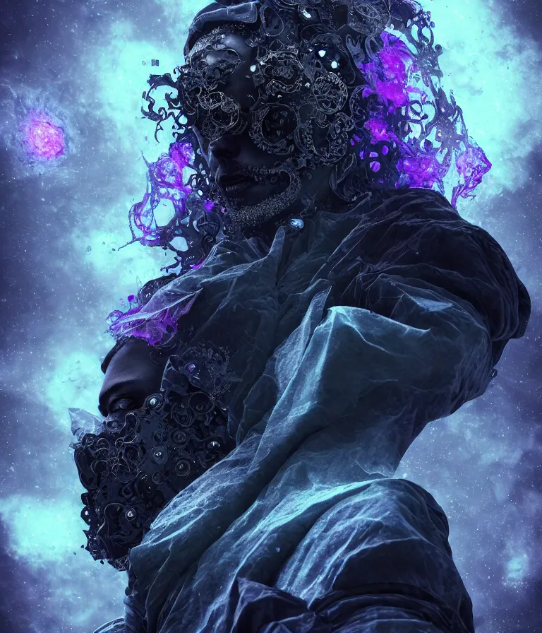 Image similar to impressive ominous front!! shot photo of a court jester character fine portrait fine portrait mesmerizing fractal hyper cubes platinum cracked dark future hyper dimensional space galactic crystal nebula edges elegant detailed intricate concept artstation sharp focus ray tracing cinematic masterpiece temporal corruption beeple wlop germ 8 4 k scifi glossy hyper realistic illustration canon eos r 3 fujifilm x - t 3 0 sony alpha a 6 6 0 0