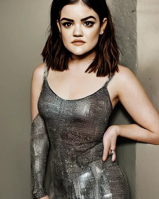 Prompt: lucy hale wearing a risque outfit made from cling film, half body portrait, greg kutkowski, sharp details, soft lighting, subsurface scattering, pearls of sweat, glistening skin, warm lighting