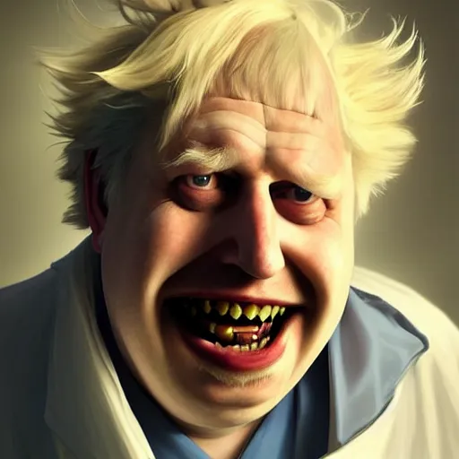 Image similar to Boris Johnson as a kind smiling Rick Sanchez from Rick and Morty, unibrow, white robe, big eyes, realistic cosplay, symmetrical, highly detailed, digital painting, artstation, concept art, smooth, sharp focus, illustration, cinematic lighting, art by artgerm and greg rutkowski and alphonse mucha