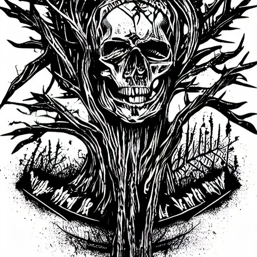 Image similar to dark death metal themed vector illustration for a record label, trees. forest, spikes, skull, microphone, skull, award winning, grunge, iconic, golden ratio