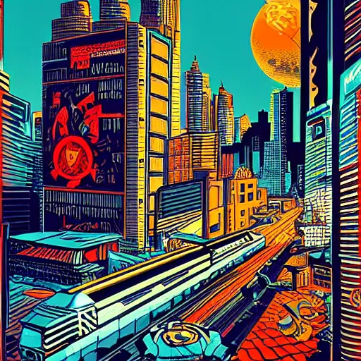 Image similar to Illustrated by Shepard Fairey and H.R. Geiger | Retro futuristic cyberpunk city