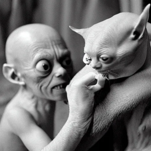 Prompt: gollum petting a hairless cat, night, lord of the rings cinestill