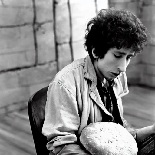 Image similar to bob dylan cradling a loaf of bread like a baby, photograph, 1 9 6 5