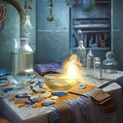 Image similar to hyper real, table, wizards laboratory, lisa parker, tony sart, mortar, pestle, scales with magic powder, energy flowing, magic book, beakers of colored liquid