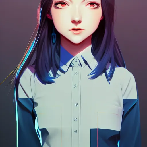 Image similar to urban high school girl in shirt fanart, dark blue long hair, muted colors, matte print, pastel colors, ornate, digital art, digital painting, fan art, elegant, artstation, by Ilya Kuvshinov