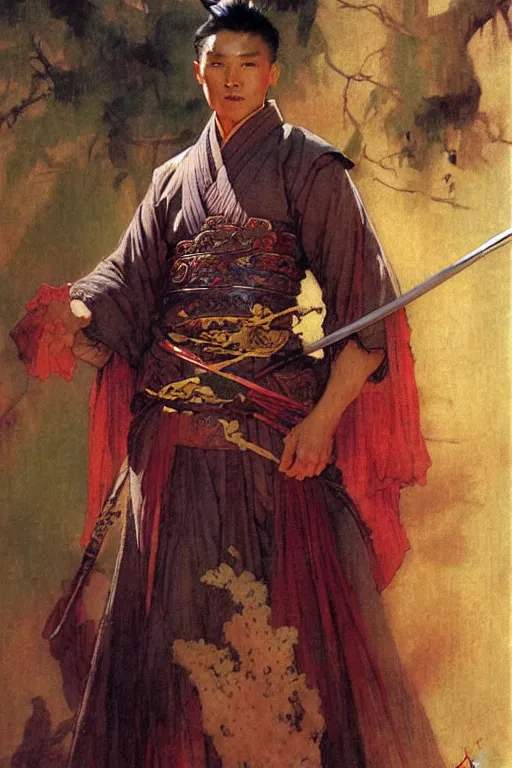 Image similar to wuxia, male, character design, ancient china, colorful, painting by gaston bussiere, craig mullins, j. c. leyendecker, tom of finland