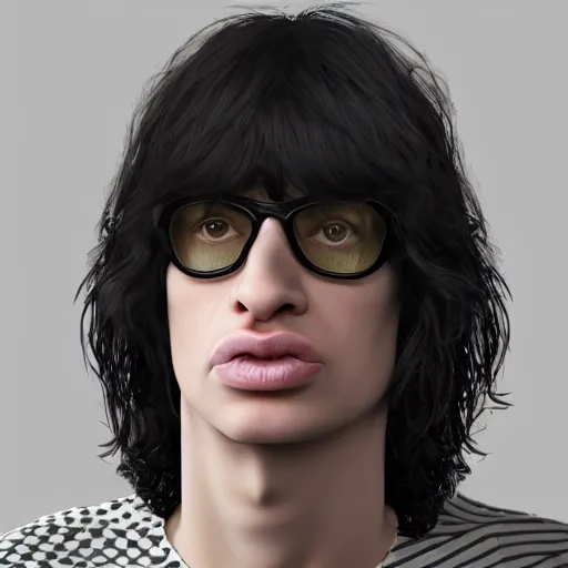 Prompt: The Lovechild of Joey Ramone and Young Mick Jagger, real life, hyperrealistic, ultra realistic, realistic, highly detailed, epic, HD quality, 8k resolution, body and headshot, front facing, front view, headshot and bodyshot, detailed face, very detailed face