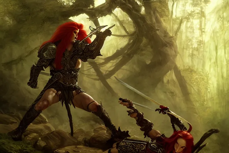 Prompt: male wood elf with long red hair wearing an eye patch and leather armor fighting a stone troll, in mysterious forest, dusk, fantasy, intricate, elegant, highly detailed, digital painting, artstation, concept art, matte, sharp focus, illustration, art by roberto ferri and greg rutkowski and alphonse mucha