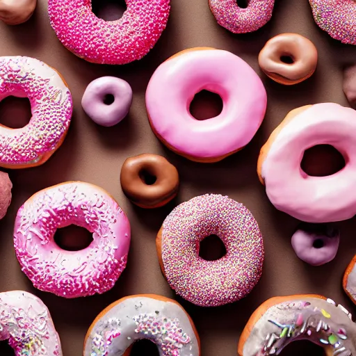 Prompt: a mountaintop made of hyperrealistic pink - glaze donuts