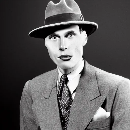 Image similar to A photograph portrait of Jerma985 wearing a suit with and fedora in the 1940s, taken in the early 1940s, grainy, taken on a 940s Kodak Camera, realistic, hyperrealistic, very realistic, highly detailed, very detailed, extremely detailed, detailed, digital art, trending on artstation