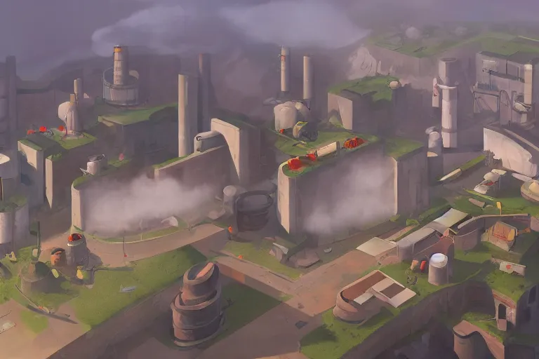 Prompt: team fortress 2 concept art of a cement factory on the peak of a mountain with winding paths leading down to a foggy forest, oil painting, artstationhq