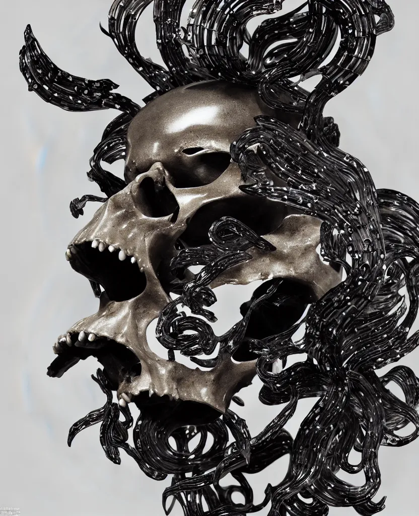 Image similar to goddess princess face close-up portrait ram skull. sculpture made of black stone with elements made of polished gold. jellyfish phoenix head, nautilus, orchid, skull, betta fish, bioluminiscent creatures, intricate artwork by Tooth Wu and wlop and beeple. octane render, trending on artstation, greg rutkowski very coherent symmetrical artwork. cinematic, hyper realism, high detail, octane render, 8k