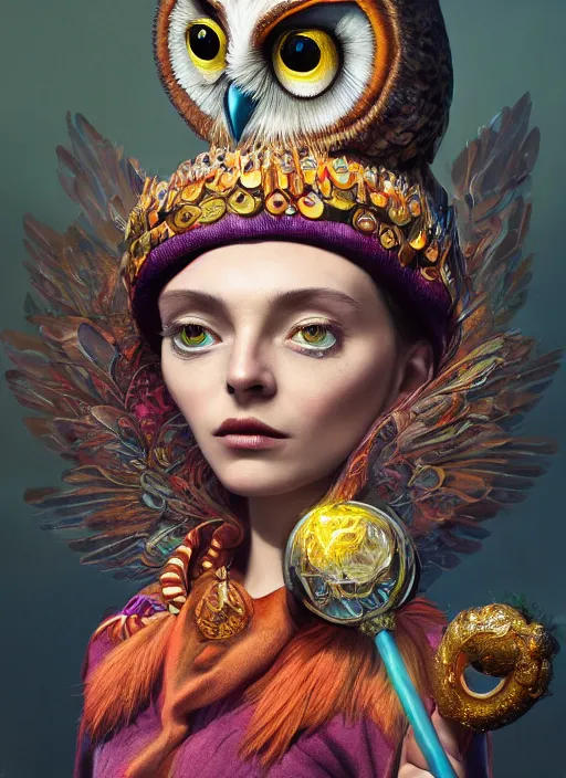 Image similar to an anthropomorphic beautiful goddess female wizard made of owl portrait holding a staff wearing colourful robe, fine art, award winning, intricate, elegant, sharp focus, octane render, hyperrealistic, cinematic lighting, highly detailed, digital painting, 8 k concept art, art by jamie hewlett and z. w. gu, masterpiece, trending on artstation, 8 k