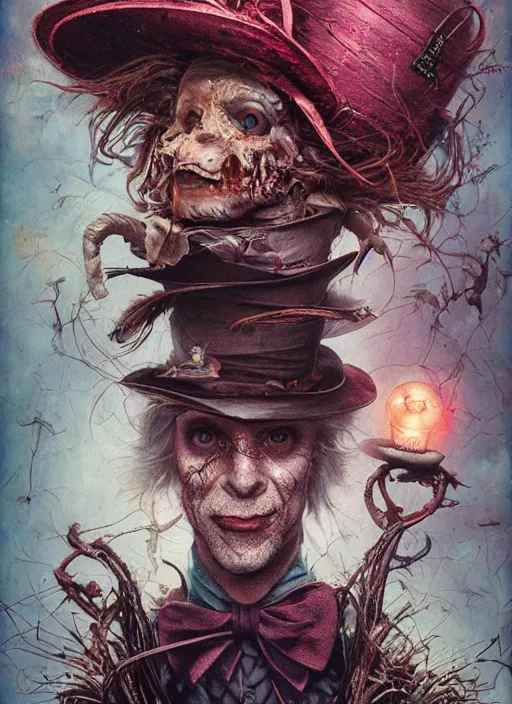 Image similar to mad hatter the magician tarot card, highly detailed, cinematic, 8 k, by stanley artgermm, tom bagshaw, greg rutkowski, carne griffiths, ayami kojima, beksinski, giger, trending on deviantart, hyper detailed, horror, full of colour