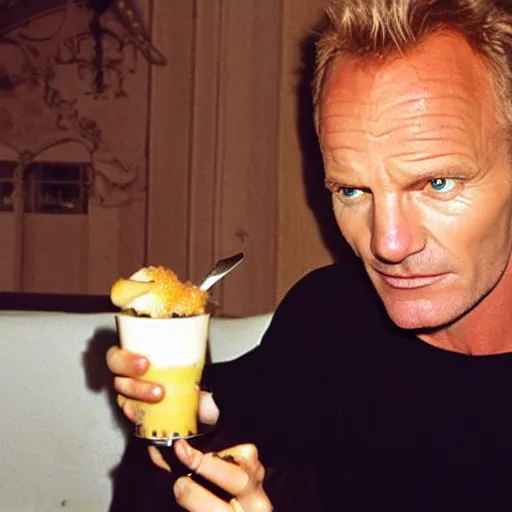 Image similar to sting the singer eating a banana creme brule ( dont ask )