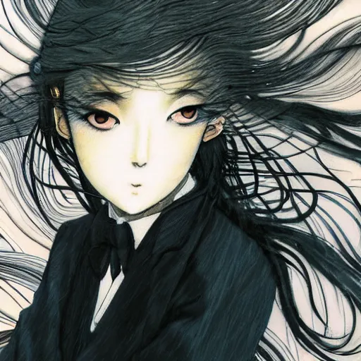 Prompt: yoshitaka amano blurred and dreamy realistic illustration of an anime girl with black eyes, wavy white hair fluttering in the wind wearing dress suit with tie, junji ito abstract patterns in the background, satoshi kon anime, noisy film grain effect, highly detailed, renaissance oil painting, weird portrait angle, blurred lost edges, three quarter view