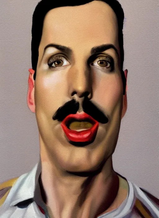 Image similar to a portrait painting of Freddie Mercury by John Currin