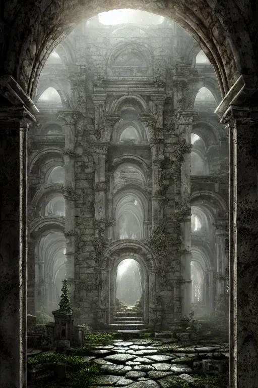 Prompt: the ruins of the crypt in the cemetery, intricate, ethereal, by luis royo, hyper detailed, weta digital, ray trace, unreal engine, trending on artist, beautifully lit, cinematic, soft light, photorealistic, volumetric, realistic, glossy, 8 k post - production, masterpiece, luxury, smooth