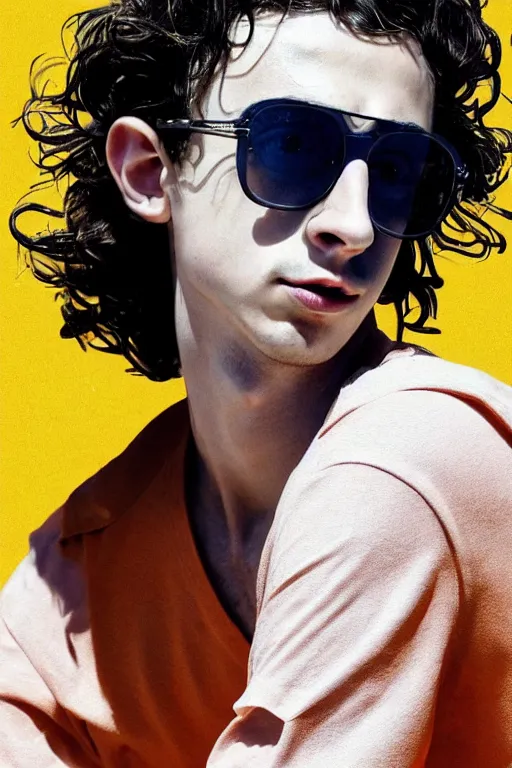 Prompt: Timothee Chalamet drinking 🍸, portait photo, profile picture, hyperrealistic, concept art, orange sunglasses, tropical background, sunny, octane render, unreal engine 5, digital art, high quality, highly detailed, 8K, cute, defined face, elegant clothes, trending on DeviantArt